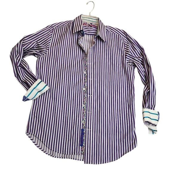 Robert‎ Graham tailored fit button front  flip cuff striped dress shirt Sz M - Picture 1 of 12